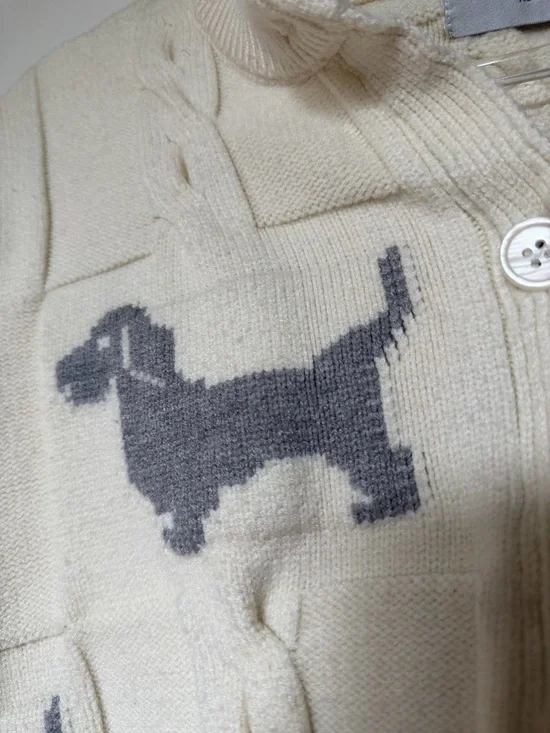 Thom Browne Cream Cardigan with Gray Dog Motif and Signature Trim - Picture 3 of 8